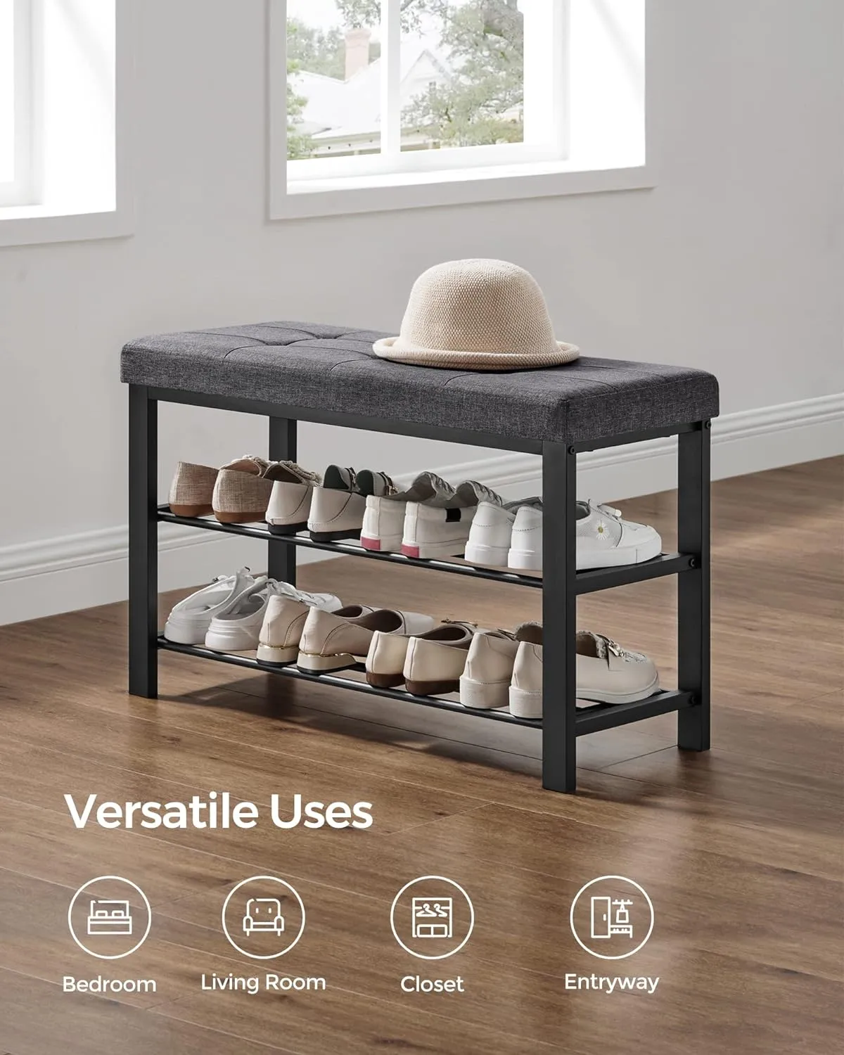 3-Tier Metal Shoe Bench, Padded Seat, Linen Cover, 440 lb Support, SONGMICS