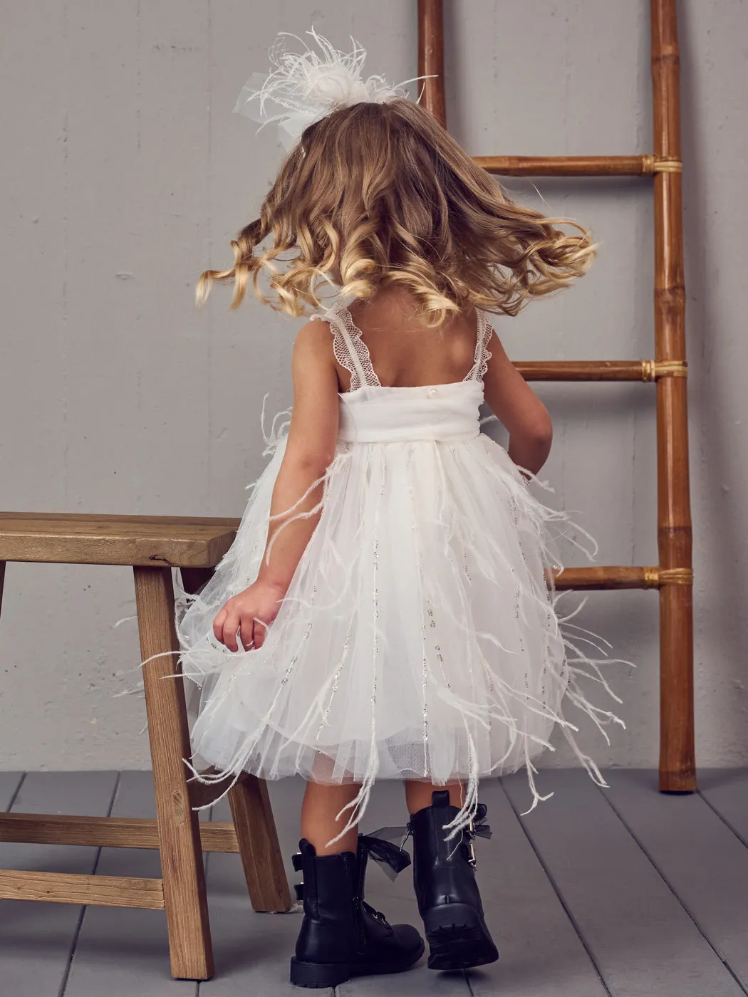Baptism Tulle dress with feathers - CHIARA