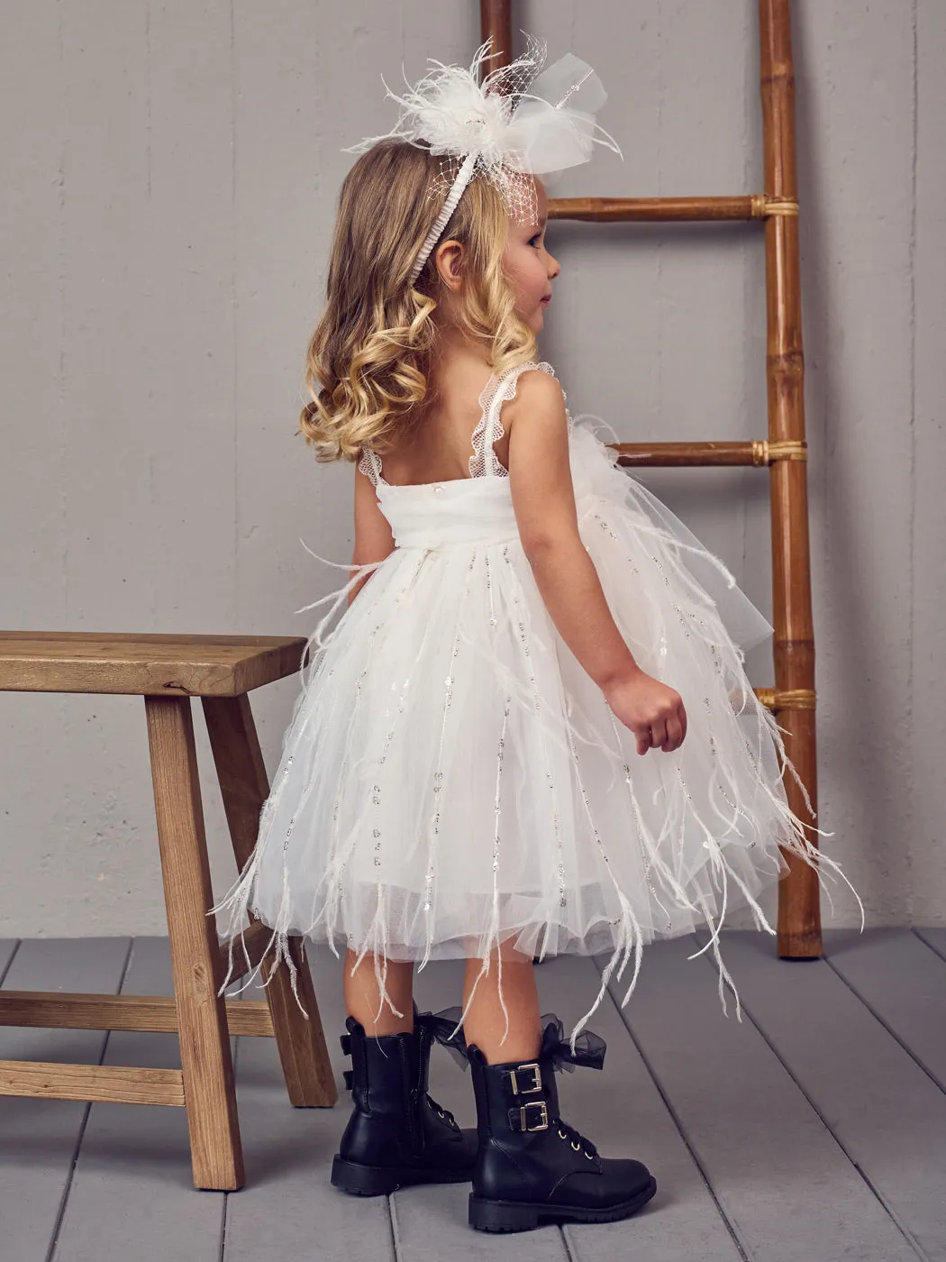 Baptism Tulle dress with feathers - CHIARA