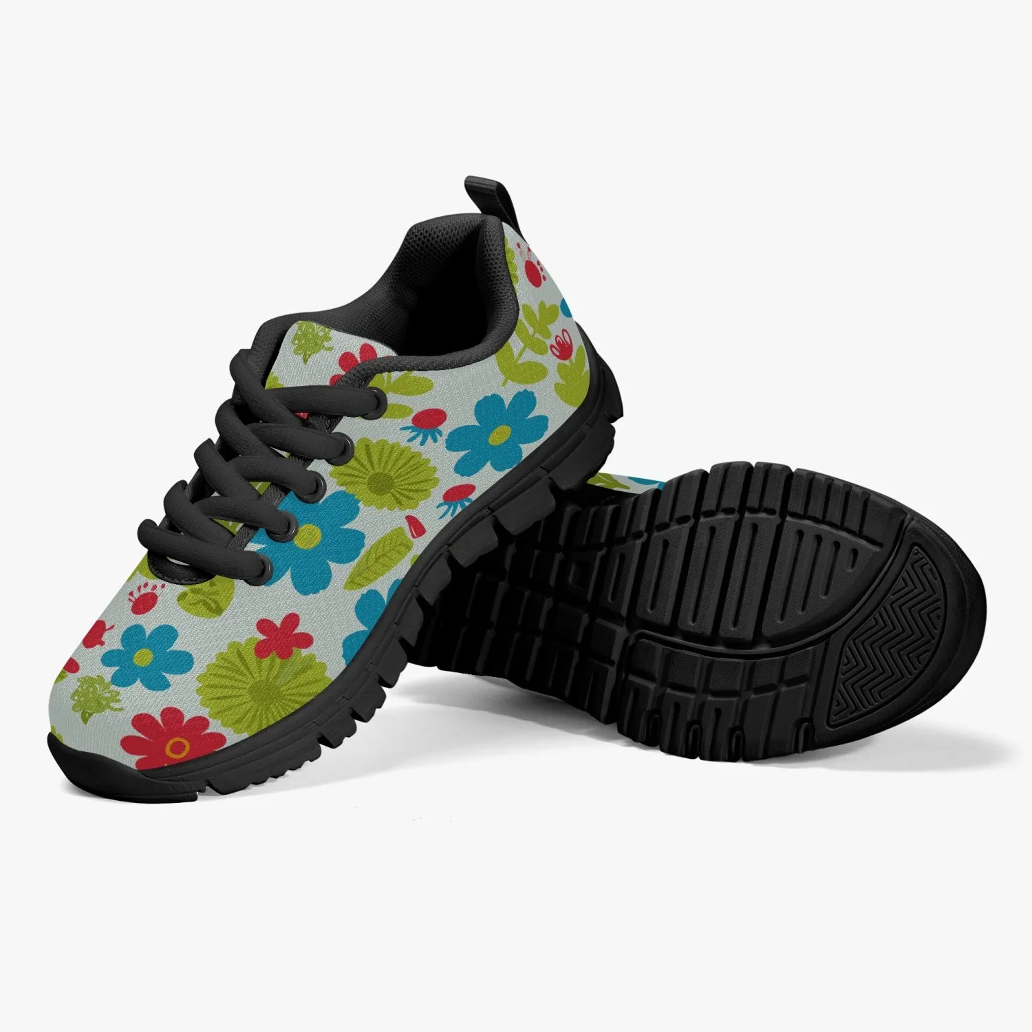 Baskets légères en maille pour Enfant, noires "Fleurs bleues, jaunes et rouges" (217)