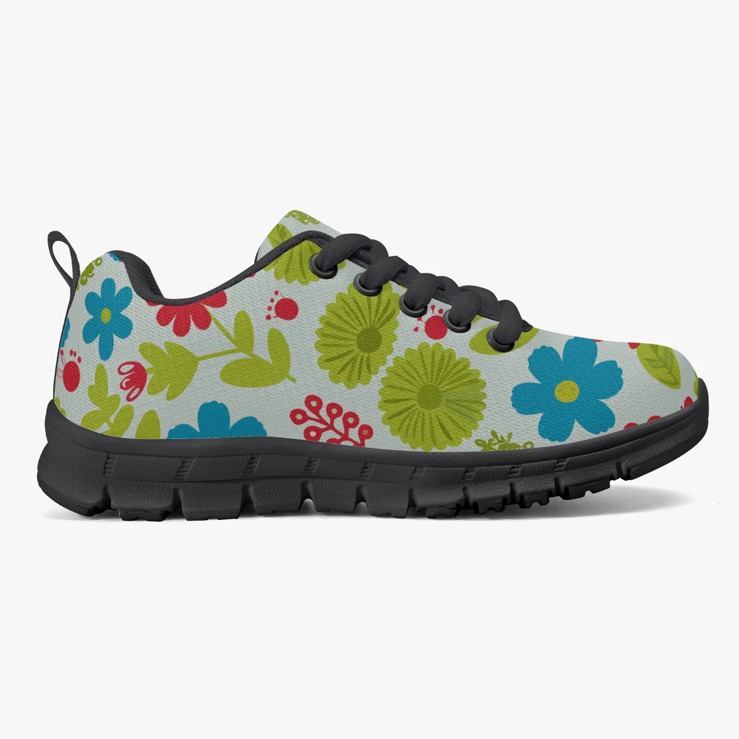 Baskets légères en maille pour Enfant, noires "Fleurs bleues, jaunes et rouges" (217)