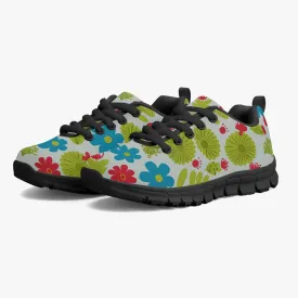 Baskets légères en maille pour Enfant, noires "Fleurs bleues, jaunes et rouges" (217)