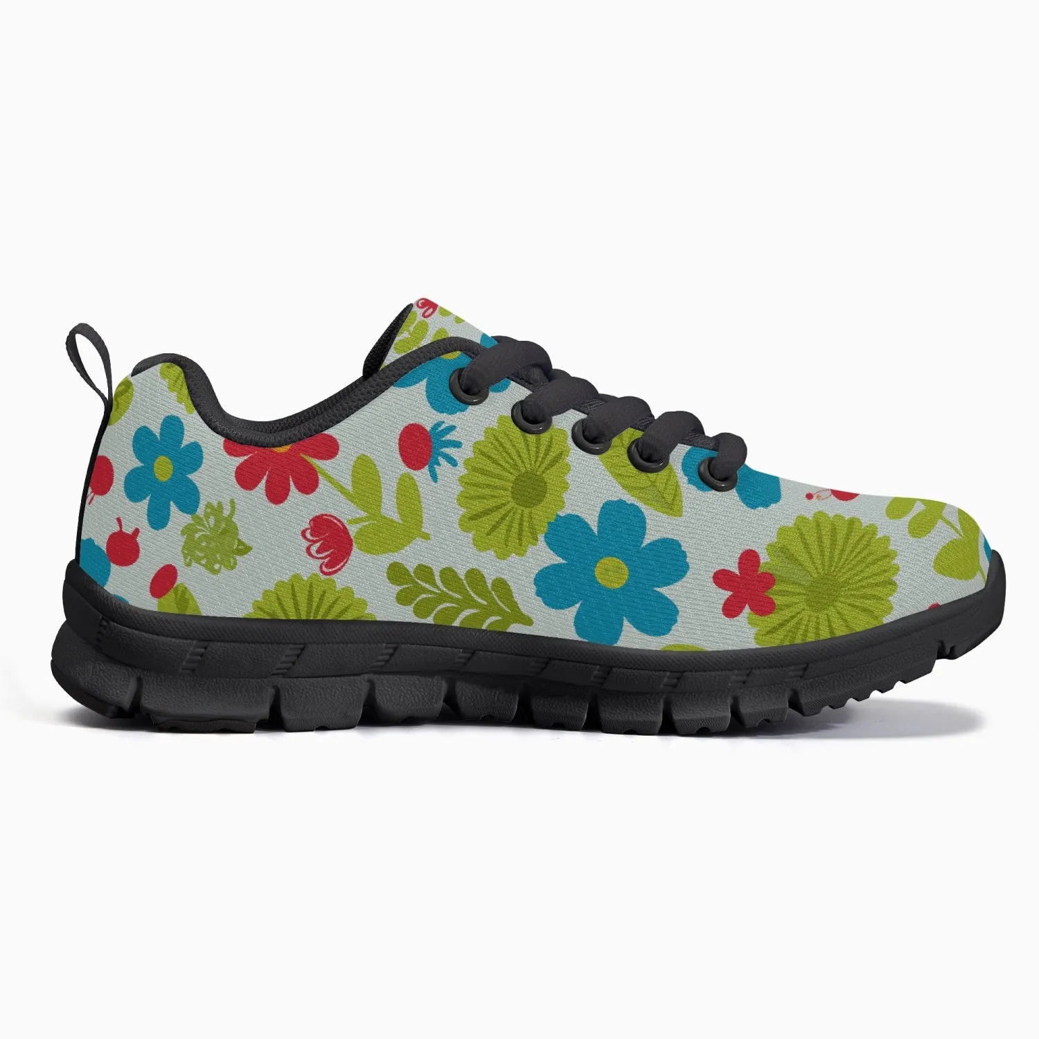 Baskets légères en maille pour Enfant, noires "Fleurs bleues, jaunes et rouges" (217)