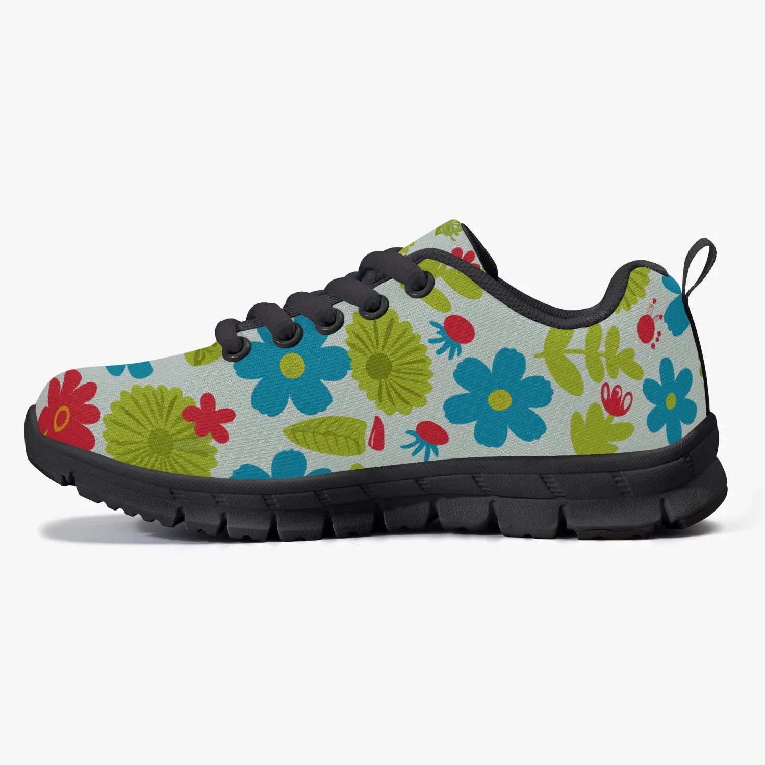 Baskets légères en maille pour Enfant, noires "Fleurs bleues, jaunes et rouges" (217)