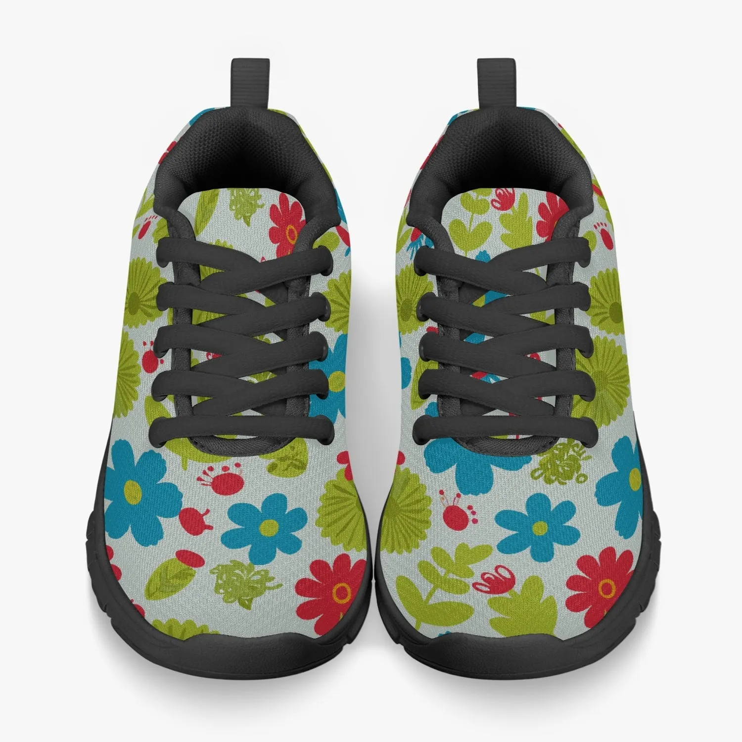 Baskets légères en maille pour Enfant, noires "Fleurs bleues, jaunes et rouges" (217)