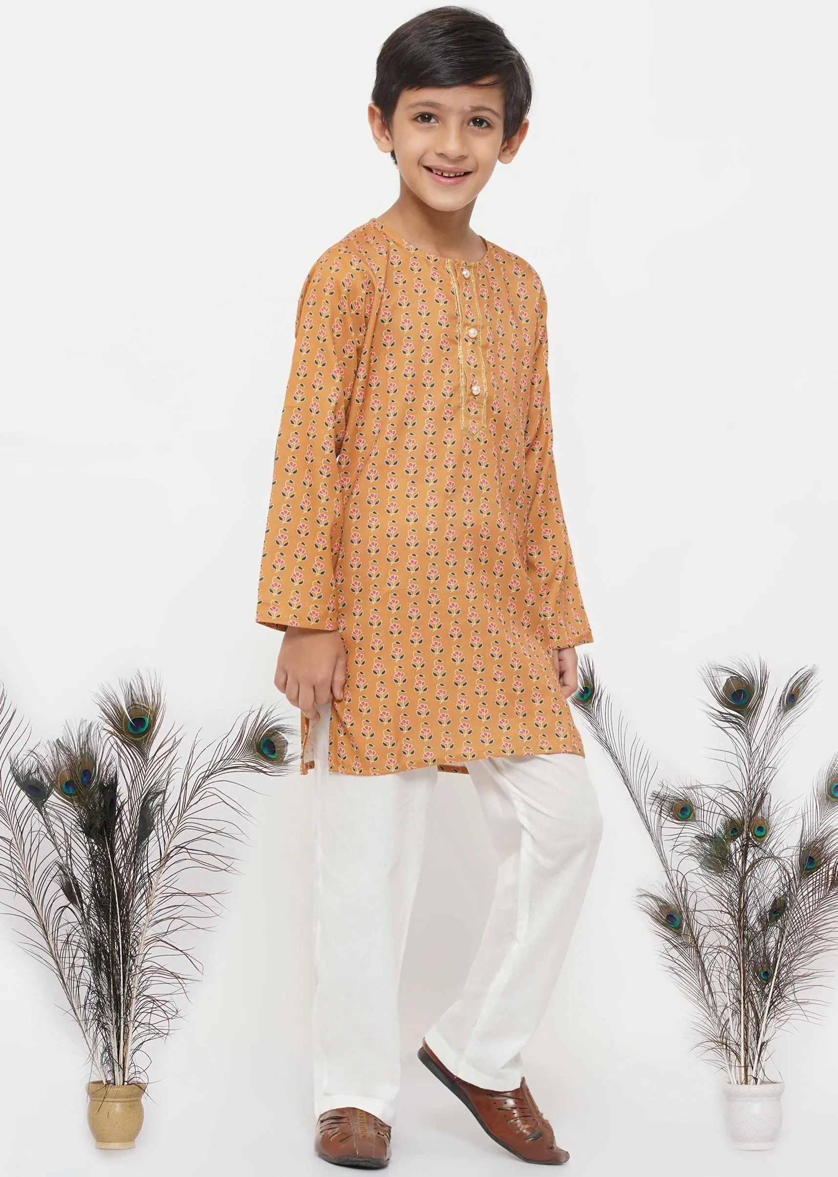 Boy's Cotton Silk Floral Kurta With Pearl Buttons And Pyjama - Orange And Cream - Little Bansi Boys