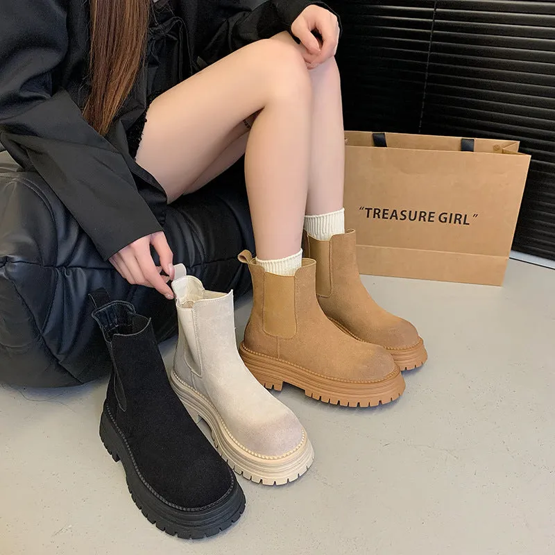 Fashionkova fall boots Women's Retro All-Match Thick-Soled  Boots 2024 New Short Boots Thick Heel Stretch Matte Leather Martin Boots