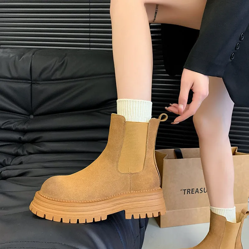 Fashionkova fall boots Women's Retro All-Match Thick-Soled  Boots 2024 New Short Boots Thick Heel Stretch Matte Leather Martin Boots