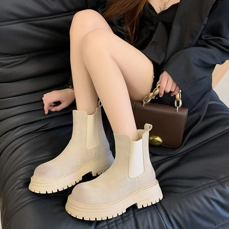 Fashionkova fall boots Women's Retro All-Match Thick-Soled  Boots 2024 New Short Boots Thick Heel Stretch Matte Leather Martin Boots