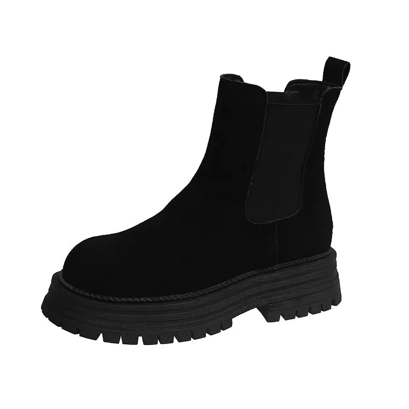 Fashionkova fall boots Women's Retro All-Match Thick-Soled  Boots 2024 New Short Boots Thick Heel Stretch Matte Leather Martin Boots