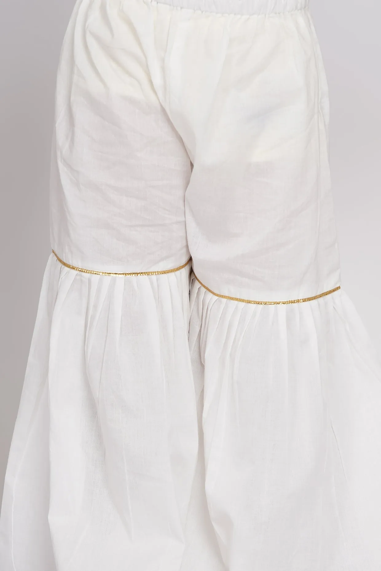 Girl's Cotton Floral Embroidery And Lacework Frock Kurta With Sharara And Dupatta - White - Little Bansi Girls