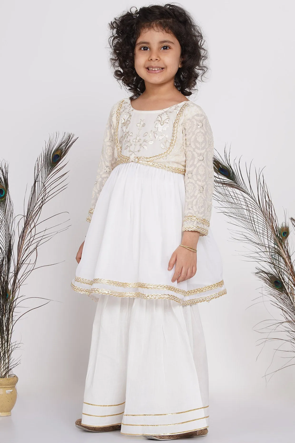 Girl's Cotton Floral Embroidery And Lacework Frock Kurta With Sharara And Dupatta - White - Little Bansi Girls