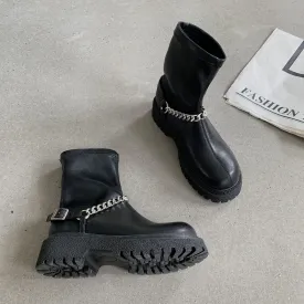 LDM Black Short Boots Martin Boots Female 2021 New Short Tube Boots Thick Bottom Chain Boots