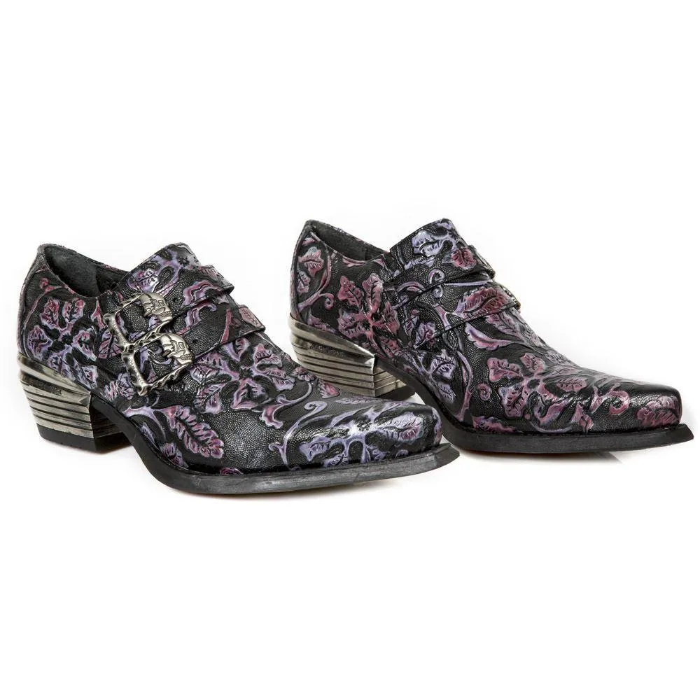 New Rock 7960-s8 Shoe Embossed Vintage Black Leather Buckle Steel Heel Shoes
