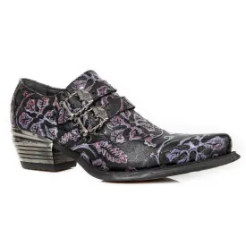 New Rock 7960-s8 Shoe Embossed Vintage Black Leather Buckle Steel Heel Shoes