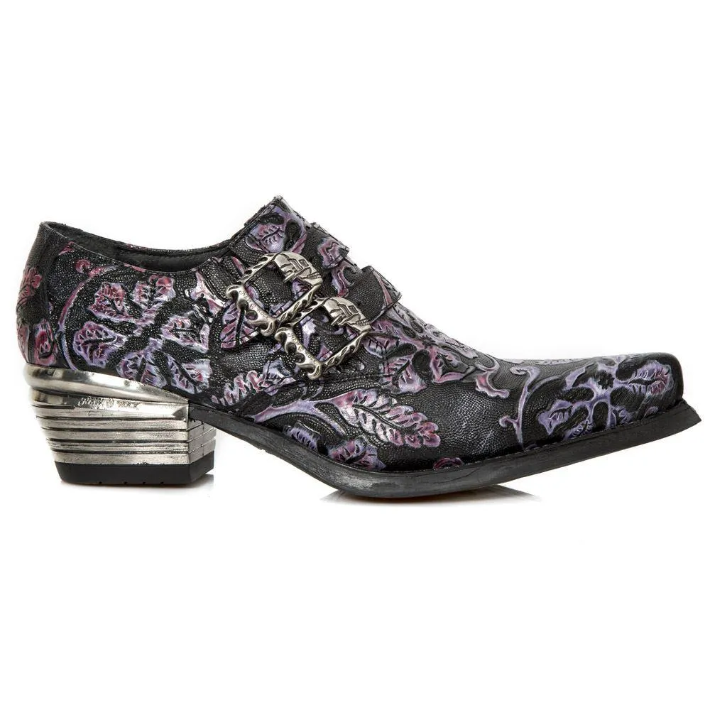 New Rock 7960-s8 Shoe Embossed Vintage Black Leather Buckle Steel Heel Shoes