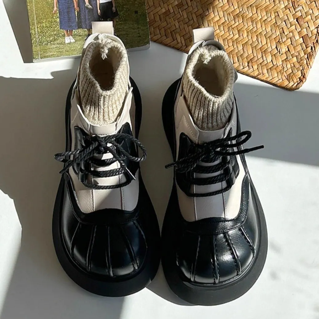 Women's Leather Boots Wide Toe Box Retro Lace-up Platform Shoes